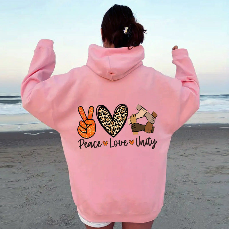 Damen Kapuzenpullover Peace Love Unity Design Eveloria