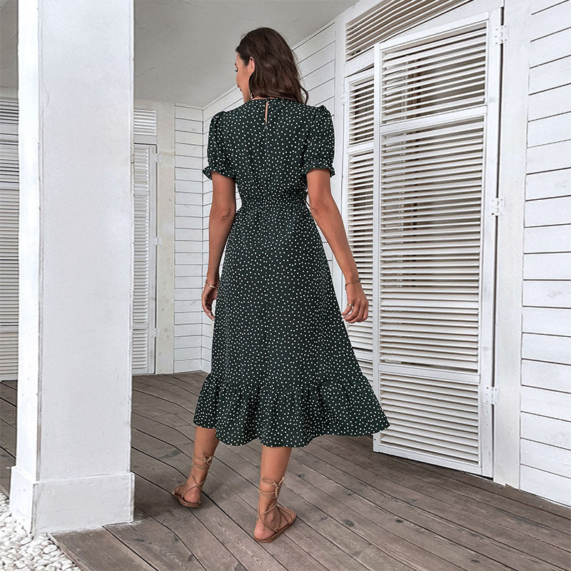 Damen Sommerkleid Polka Dot Rüschendetails Figurbetonter Schnitt