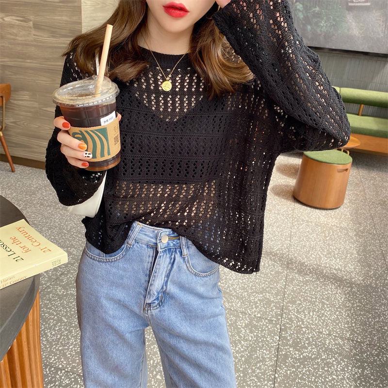 Damen Feinstrickpullover Luftig Lochdesign Weit