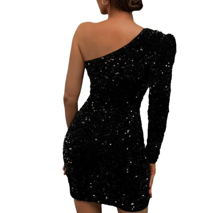 Damen Pailletten Minikleid Asymmetrischer Ausschnitt Figurbetonter