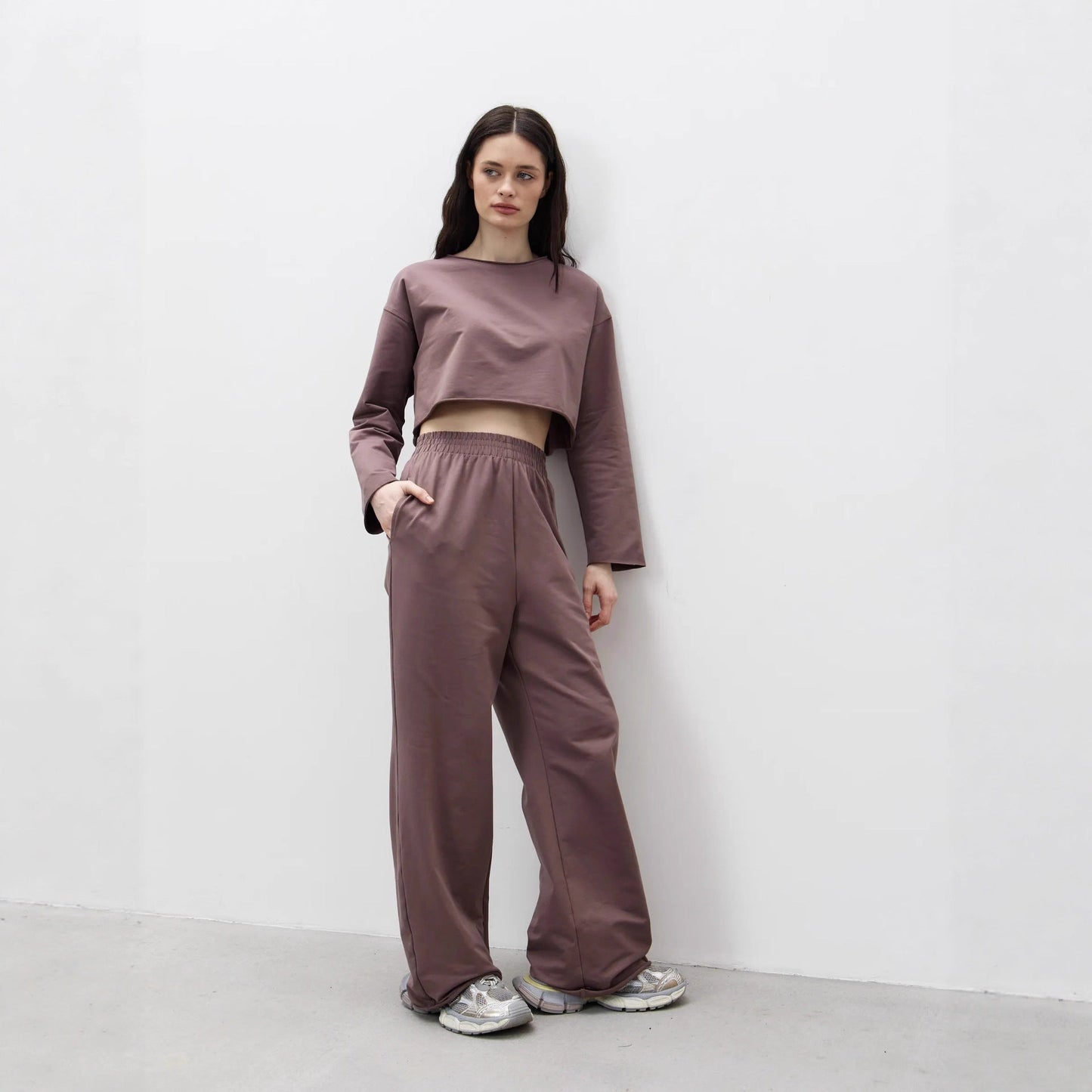 Damen Sweatshirt Set Komfortabel Cropped mit Jogginghose Grau