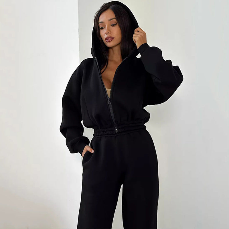 Damen Fleece-Jumpsuit mit Kapuze Weit Schnitt Eveloria