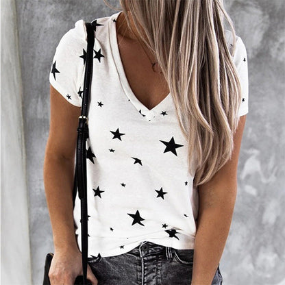 Damen T-Shirt V-Ausschnitt Sternenmotiv Lässig Weiß