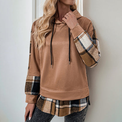 Damen Kapuzenpullover Kariert Patchwork Baumwolle