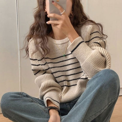 Damen Grobstrickpullover Gestreift Lässig Eveloria