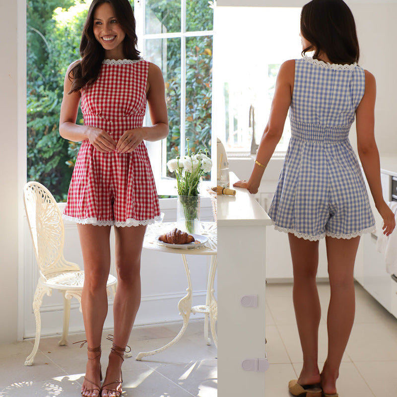 Damen Jumpsuit Gekräuselter Saum Spitzenelemente Schwarz Eveloria - Eveloria