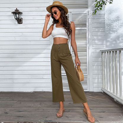 Damen Hochwaisted Hosen Knopfdetail Faltenwurf Eveloria