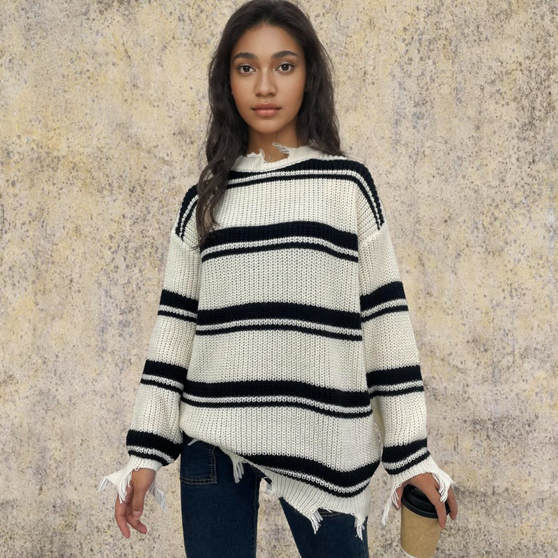 Damen Oversized Strickpullover Streifenmuster Fransen