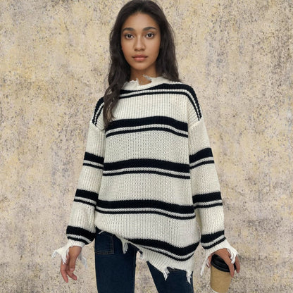 Damen Oversized Strickpullover Streifenmuster Fransen
