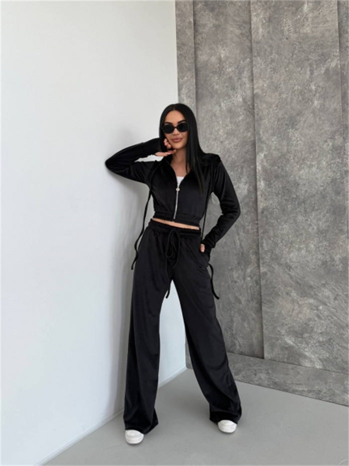 Damen Velours Lounge-Set Taillierter Hoodie Elastische Hose