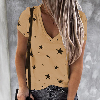 Damen T-Shirt V-Ausschnitt Sternenmotiv Lässig Weiß