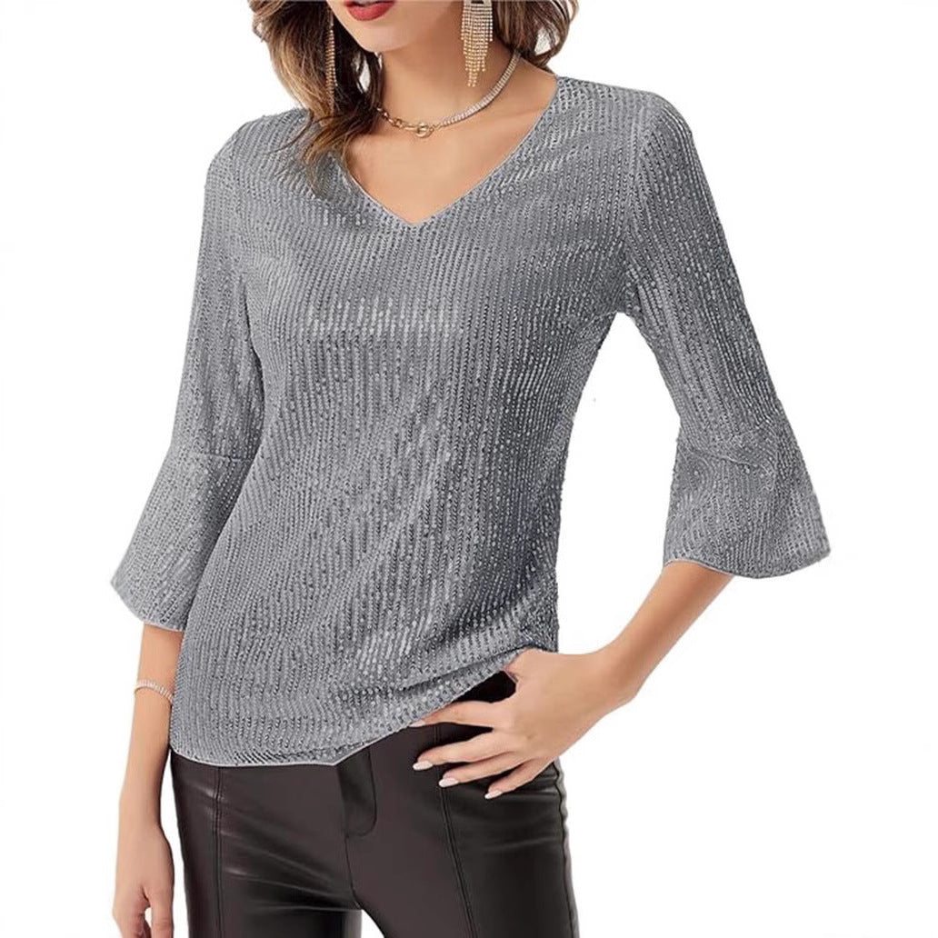 Damen Strickoberteil V-Ausschnitt Glitzernde Akzente Eveloria