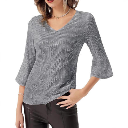 Damen Strickoberteil V-Ausschnitt Glitzernde Akzente Eveloria