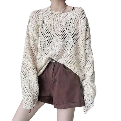 Damen Strickpullover Luftig Netzdesign Beige