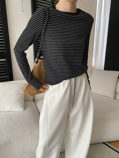 Damen Langarmshirt Klassisches Streifenmuster Rundhals Weiss
