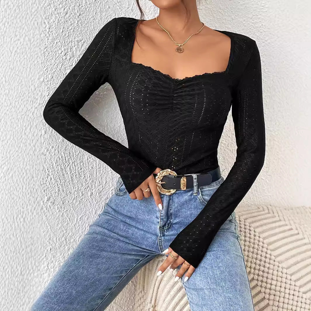 Damen Langarm-Bodysuit Quadratischer Ausschnitt Rüschen Schwarz - Eveloria