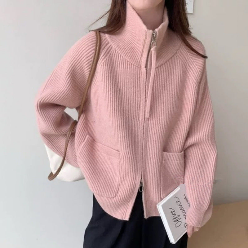 Damen Strickjacke Hochkragen Mit Taschen Eveloria