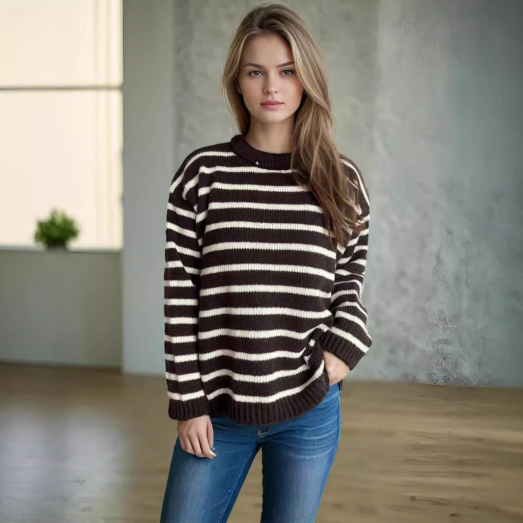 Damen Strickpullover Oversized Breite Streifen Beige