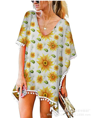 Damen Strandtunika Florales Design Poncho-Art