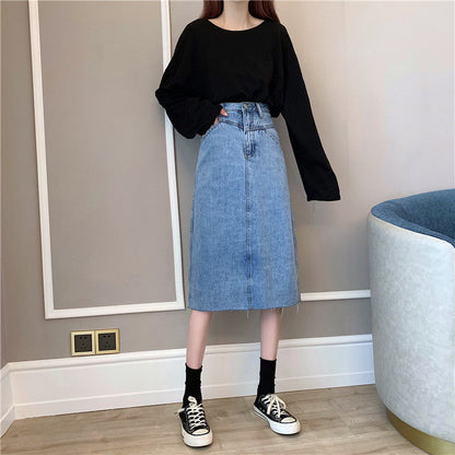 Damen Denimrock Midi unregelmäßiger Saum Blau Eveloria