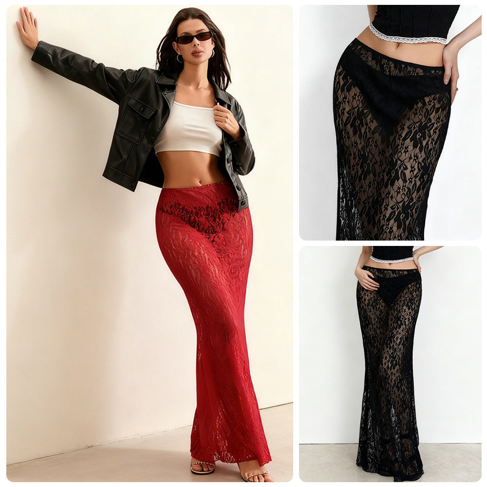 Eveloria Damen Spitzenrock Hochschlitz Elegant Schwarz - Eveloria