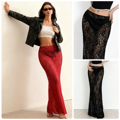 Eveloria Damen Spitzenrock Hochschlitz Elegant Schwarz - Eveloria