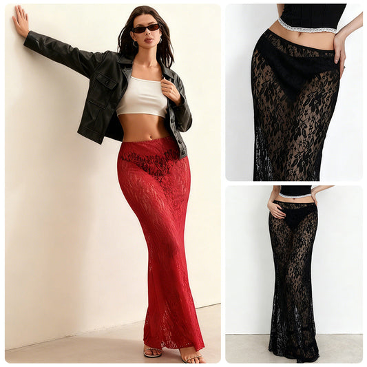 Eveloria Damen Spitzenrock Hochschlitz Elegant Schwarz - Eveloria