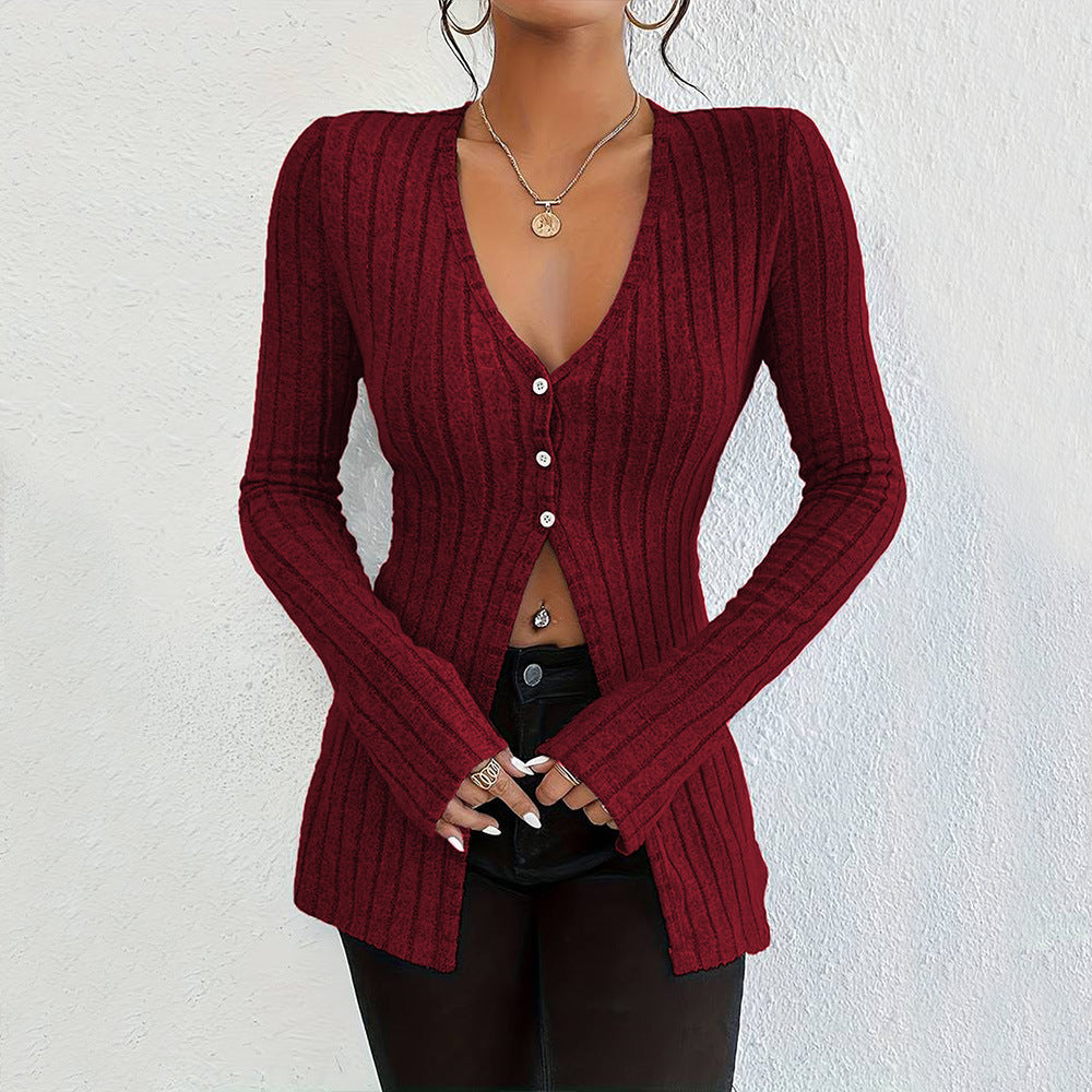 Damen Langarm Cardigan Feine Rippstruktur Elegant Schwarz Eveloria - Eveloria