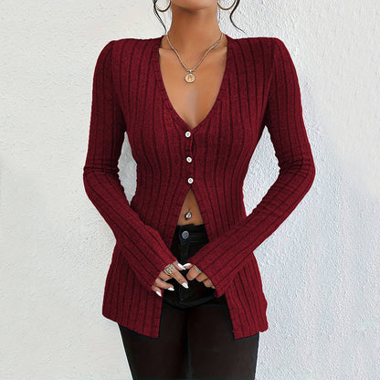 Damen Langarm Cardigan Feine Rippstruktur Elegant Schwarz Eveloria - Eveloria