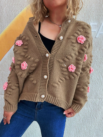 Damen Strickjacke Floralmuster Perlenknöpfe Beige