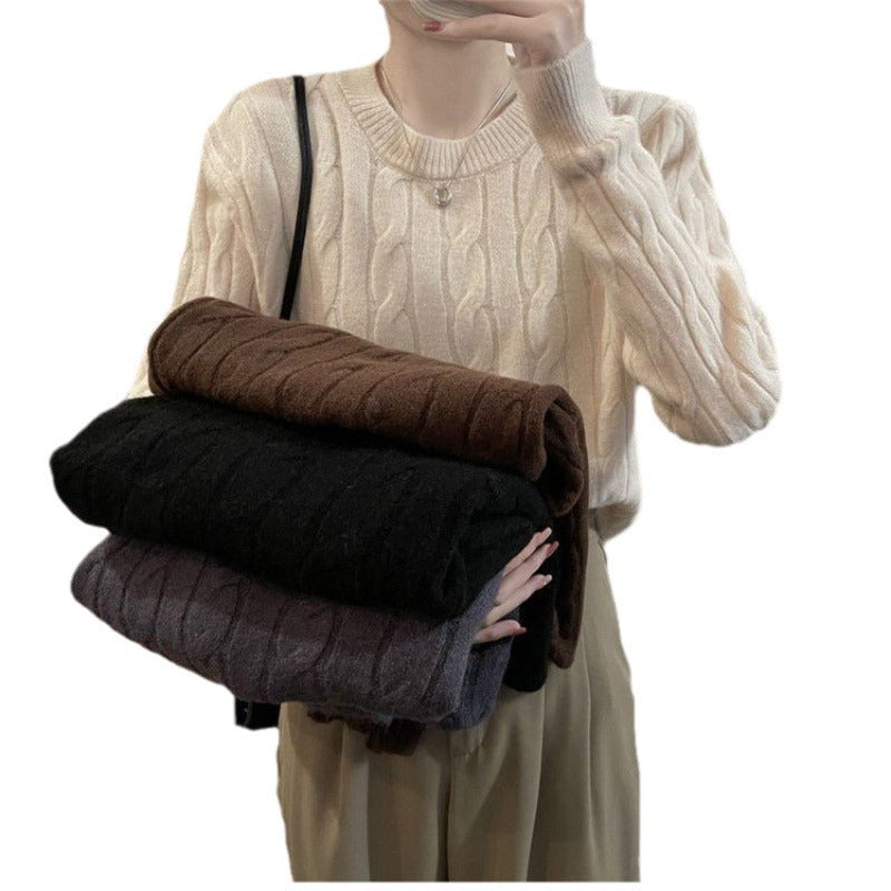 Damen Grobstrickpullover Strukturiertes Zopfmuster Lässig Beige