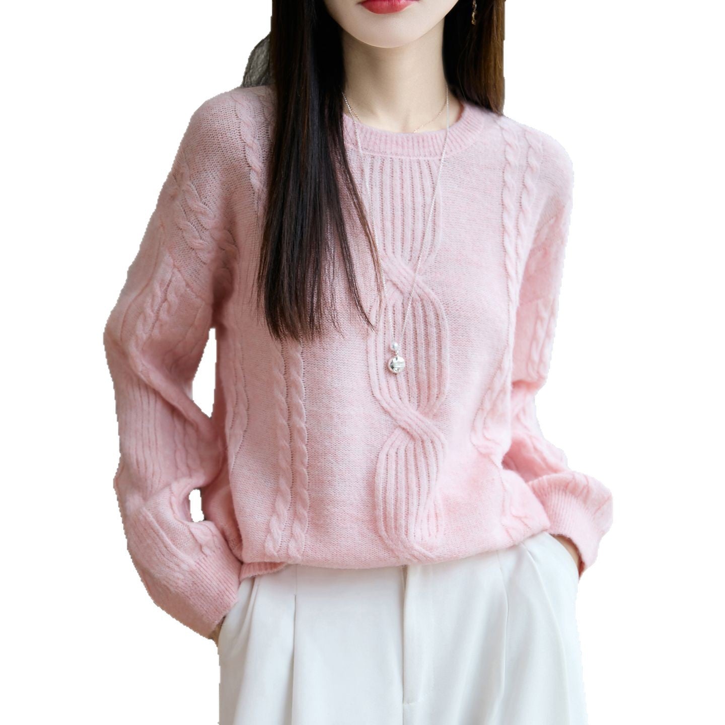 Damen Strickpullover Rundhalsausschnitt Zopfmuster