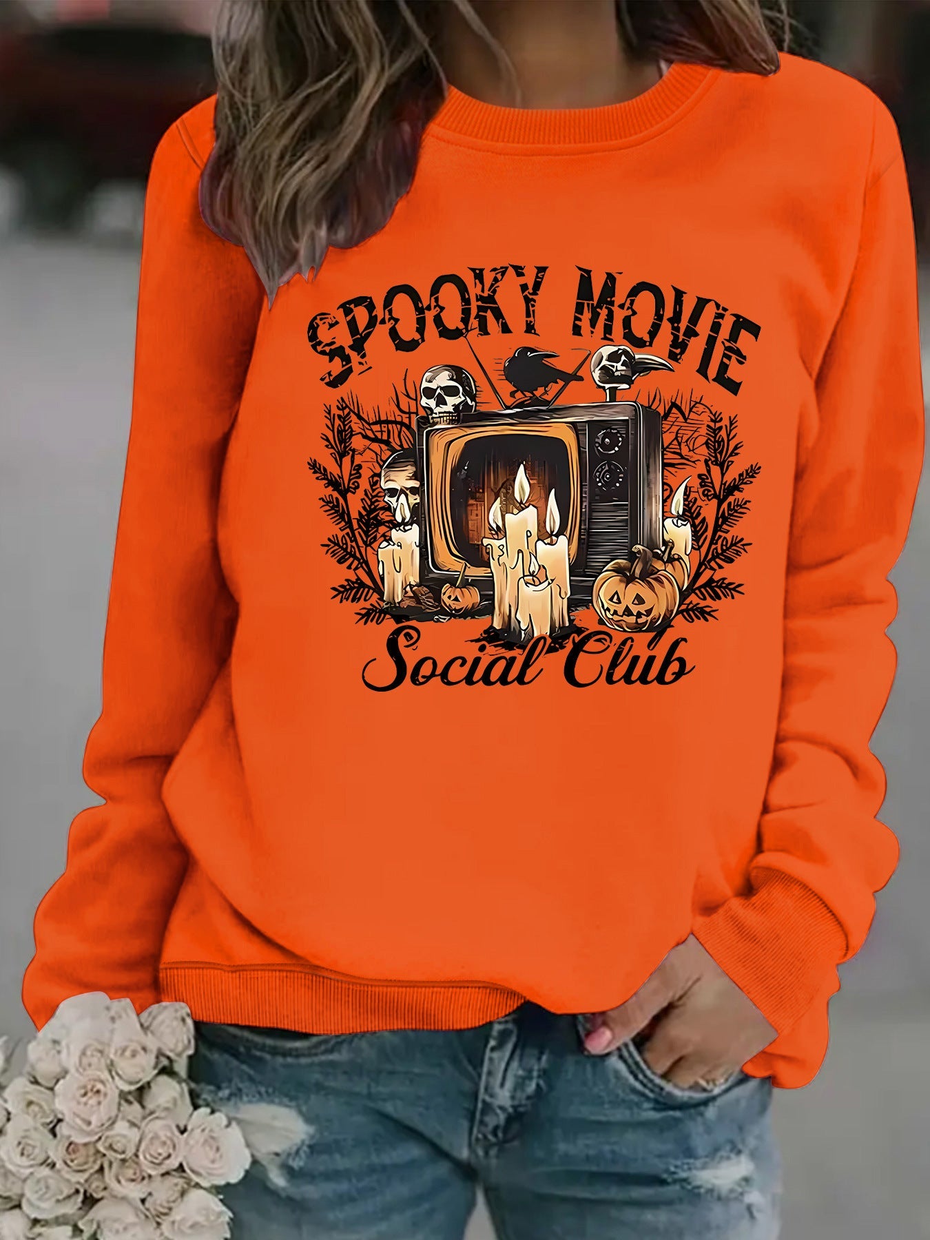 Damen Sweatshirt Spooky Film-Motiv Lässiger Schnitt Eveloria