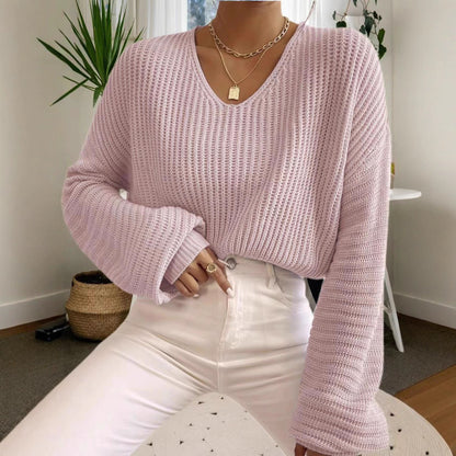 Damen Strickpullover Luftiger V-Ausschnitt Langer Ärmel Beige