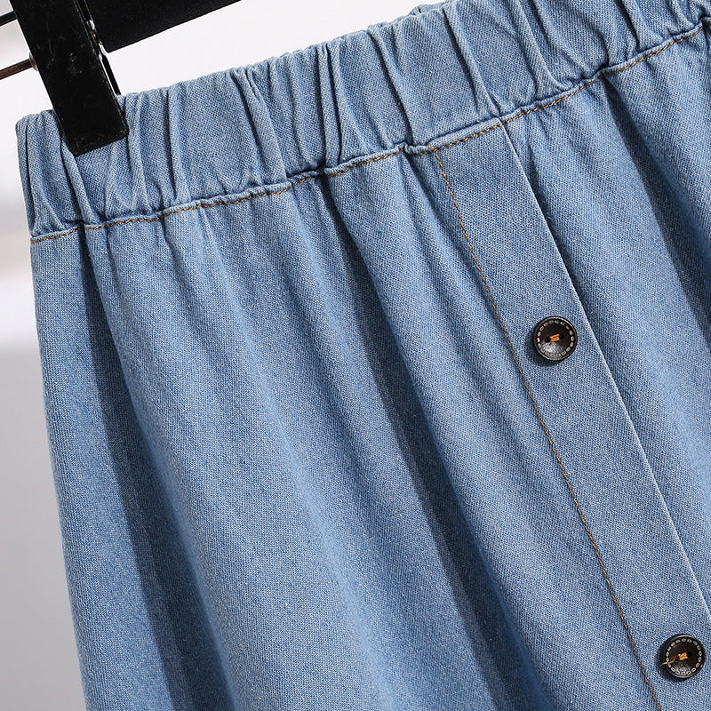 Damen Denim-Rock Lang Dekorative Druckknöpfe Blau