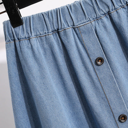 Damen Denim-Rock Lang Dekorative Druckknöpfe Blau
