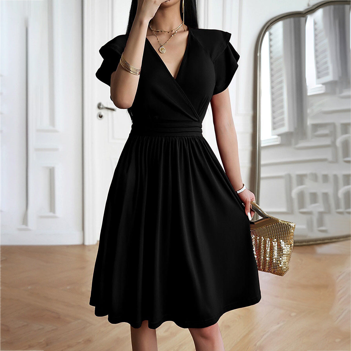 Eveloria Damen Einfarbiges V-Ausschnitt Kurzarmkleid