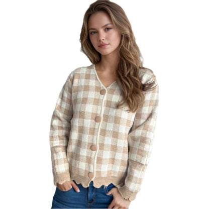 Damen Strickjacke Kontrastmuster Knöpfe Eveloria