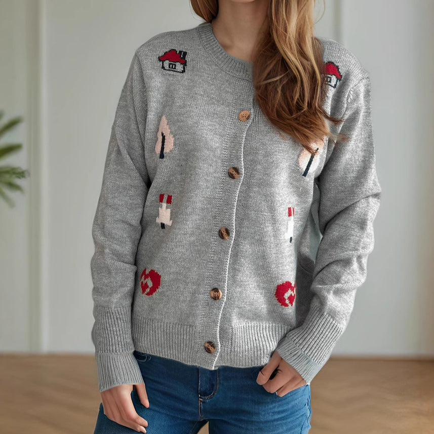 Damen Strickjacke Bunt Applikationen Knopfverschluss