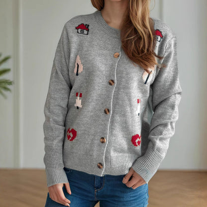 Damen Strickjacke Bunt Applikationen Knopfverschluss