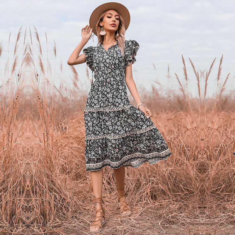 Damen Sommerkleid Rüschendetails Floralmuster Eveloria