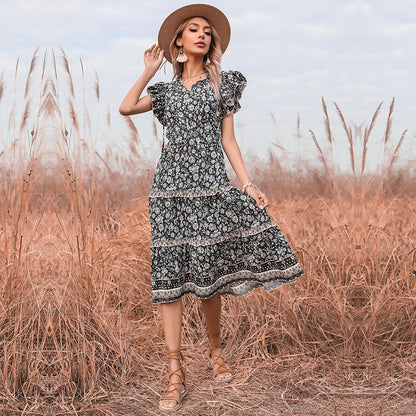Damen Sommerkleid Rüschendetails Floralmuster Eveloria