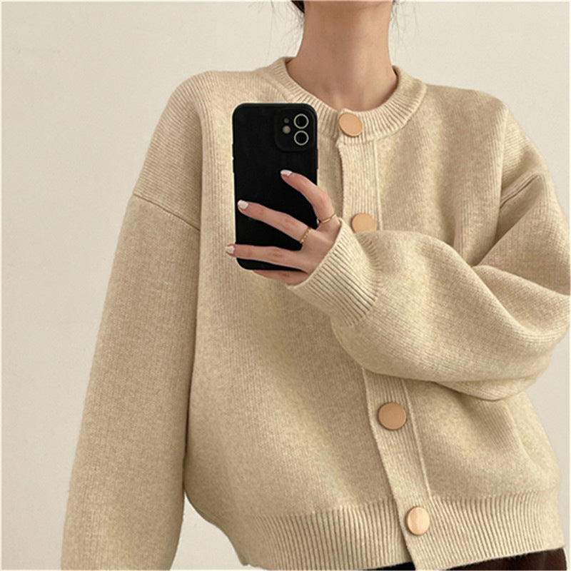 Damen Strickjacke Großknöpfe Lässiger Schnitt Beige Eveloria
