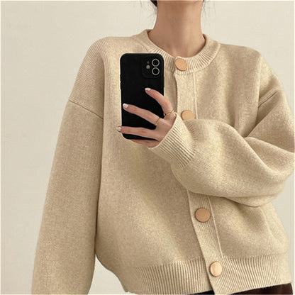Damen Strickjacke Großknöpfe Lässiger Schnitt Beige Eveloria