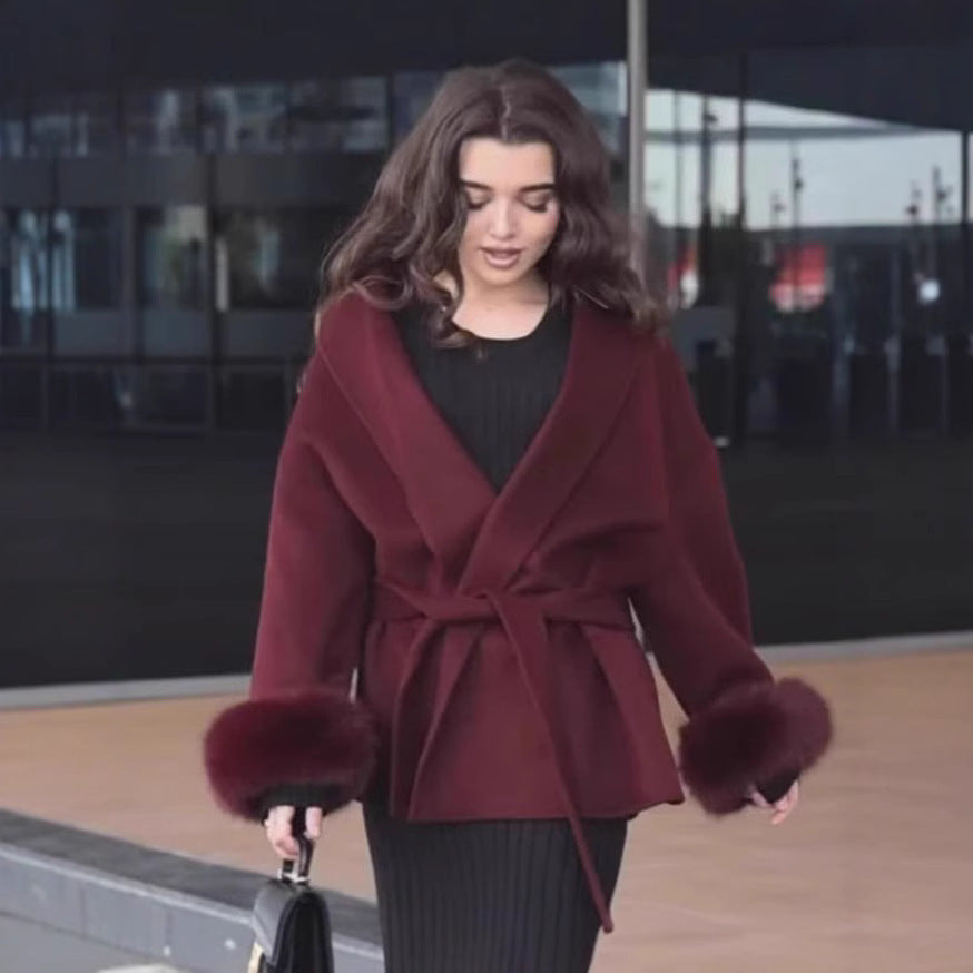 Damen Modische Jacke Weichgefütterter Kragen Bindegürtel