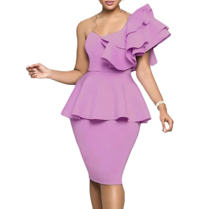 Damen Peplum-Kleid Figurnah Asymmetrischer Ausschnitt Rüschen