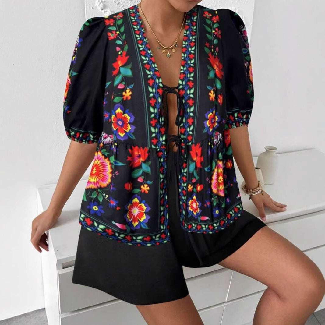 Damen Blusenshirt Bunt Blumenmuster Locker Eveloria