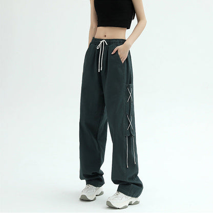 Damen Cargo-Hose Weit mit Schnürung Beige