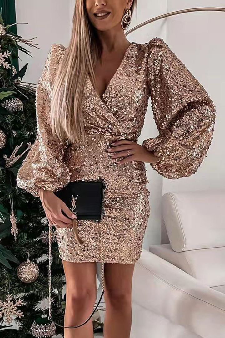 Damen Minikleid Glitzernd Ballonärmel Wickeloptik Eveloria