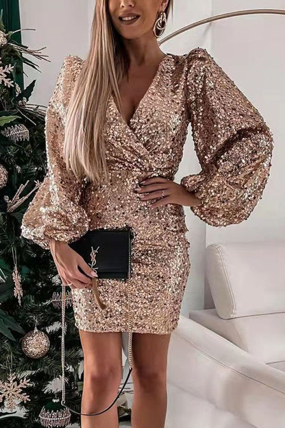 Damen Minikleid Glitzernd Ballonärmel Wickeloptik Eveloria